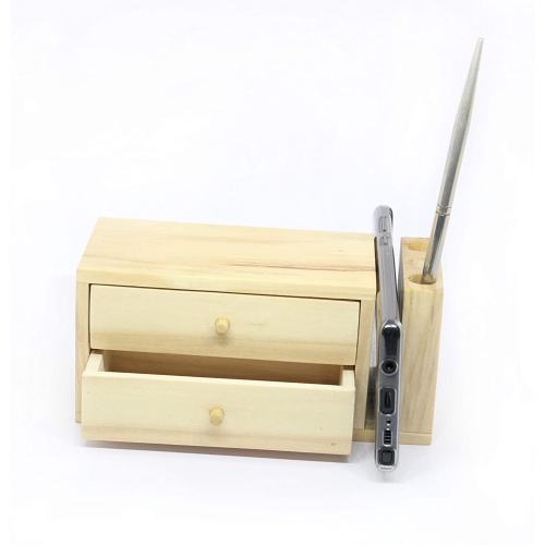 Wooden Mini Pen Holder with Drawer and Mobile Holder