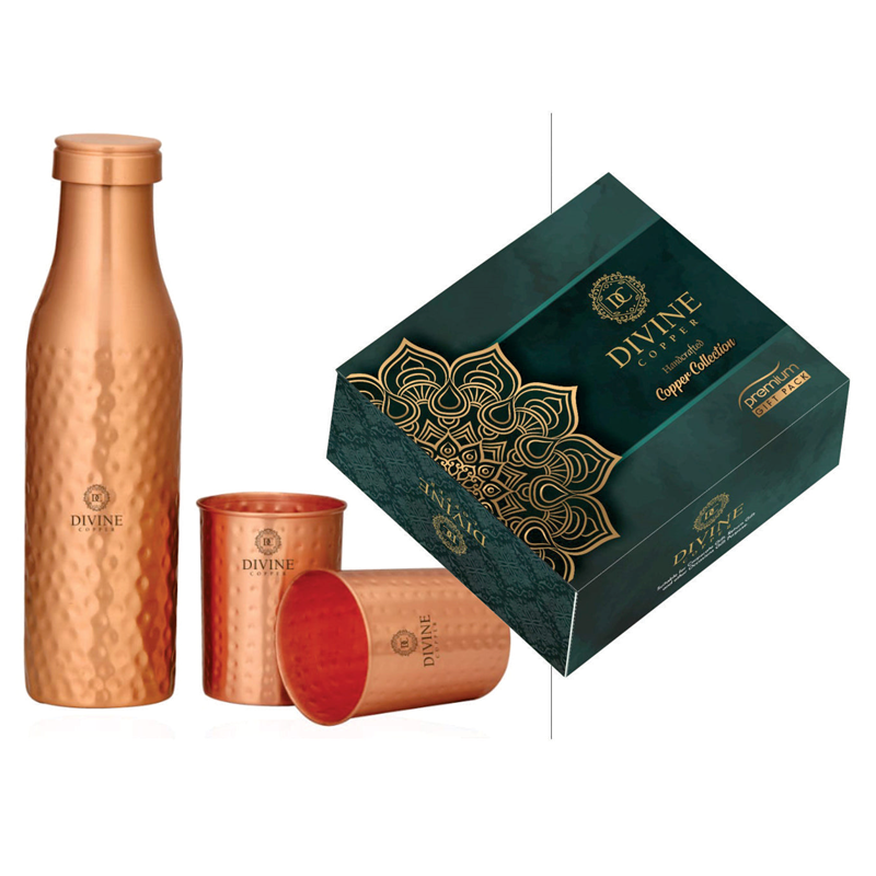 Divine Copper - BMC 950ml Pure Copper Bottle With 2 Glass Gift Pack