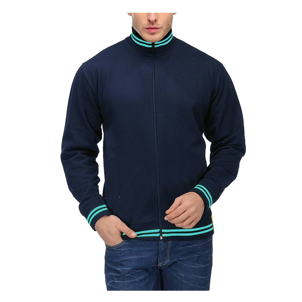 Navy Blue Mens Rich Cotton High Neck Hoodie Sweatshirt