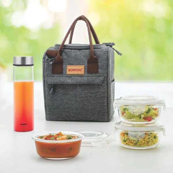 Borosil Glass Pro 3 Containers Lunch Box with Glass Bottle 