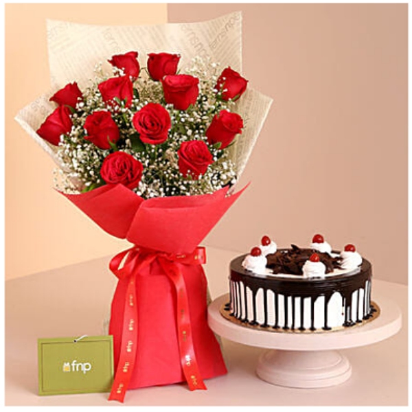 Red Roses Bouquet and Black Forest Cake