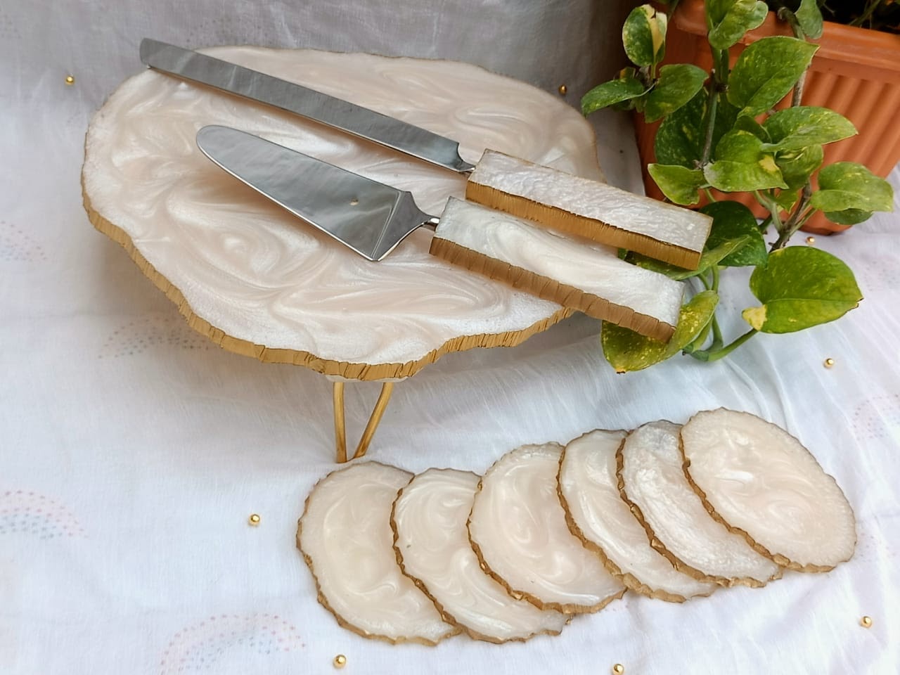 Set of Cake Stand Knife and Server and 6 Coasters
