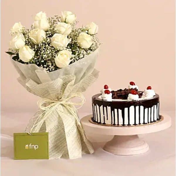  White Roses Bouquet and Black Forest Cake