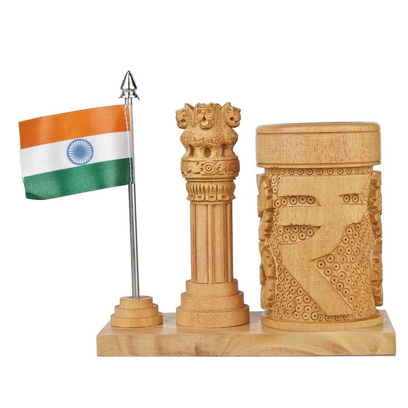 Wooden Ashoka Pillar & Penholder With India Flag