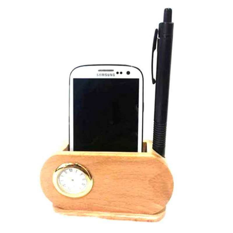 Wooden Pen Stand With Clock And Mobile Holder