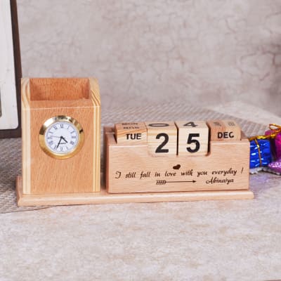 Wooden Pen Stand with Clock and Calendar