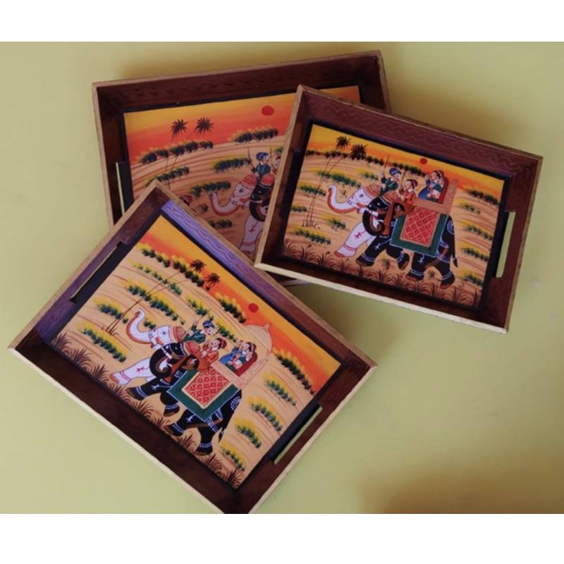 Elephant Crafted Decorative Wooden Tray  - Set of 3