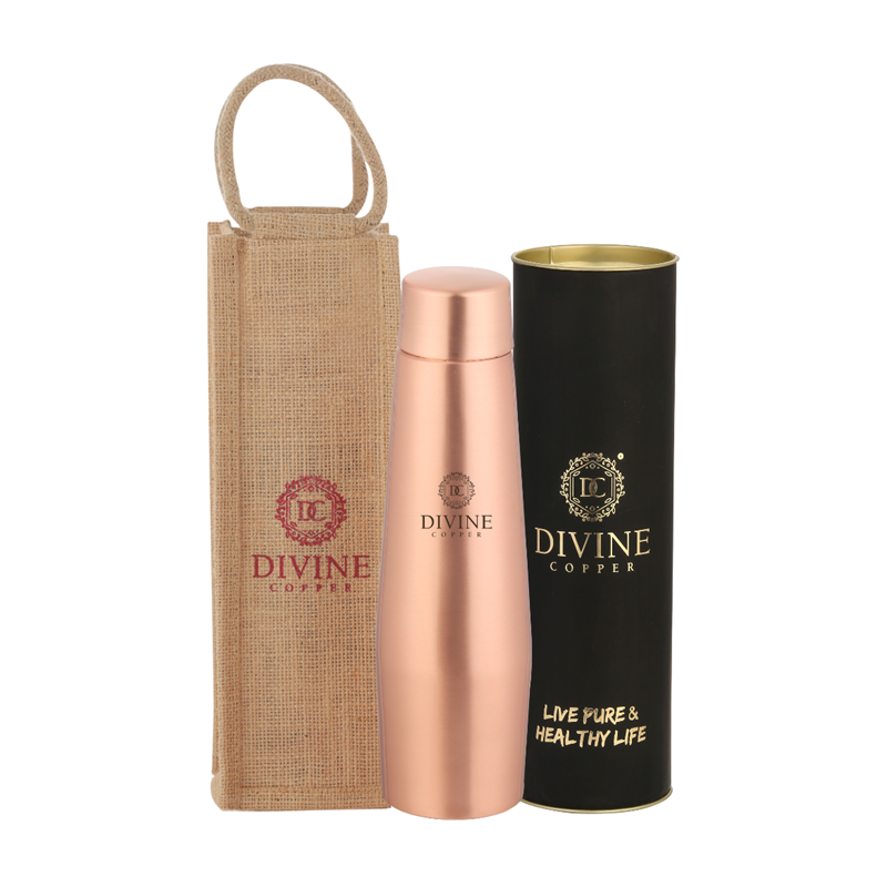 Divine Copper - Crown 1000ml Plain Pure Copper Water Bottle With Free Jute Carry Bag