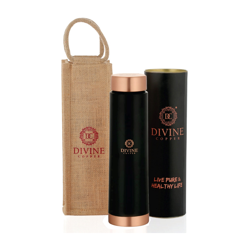 Divine Copper - Eclair 900ml Pure Copper Bottle Black Color With Free Jute Bag