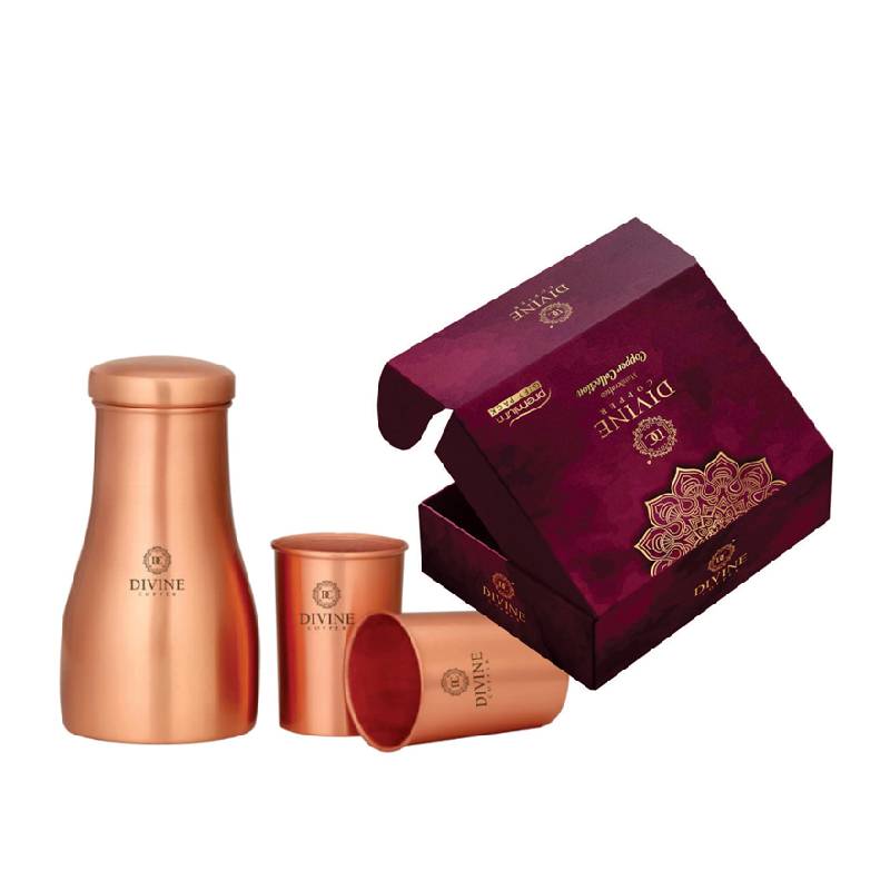 Divine Copper - Pure Copper Plain Bedroom Jar With 2 Glass Gift Pack