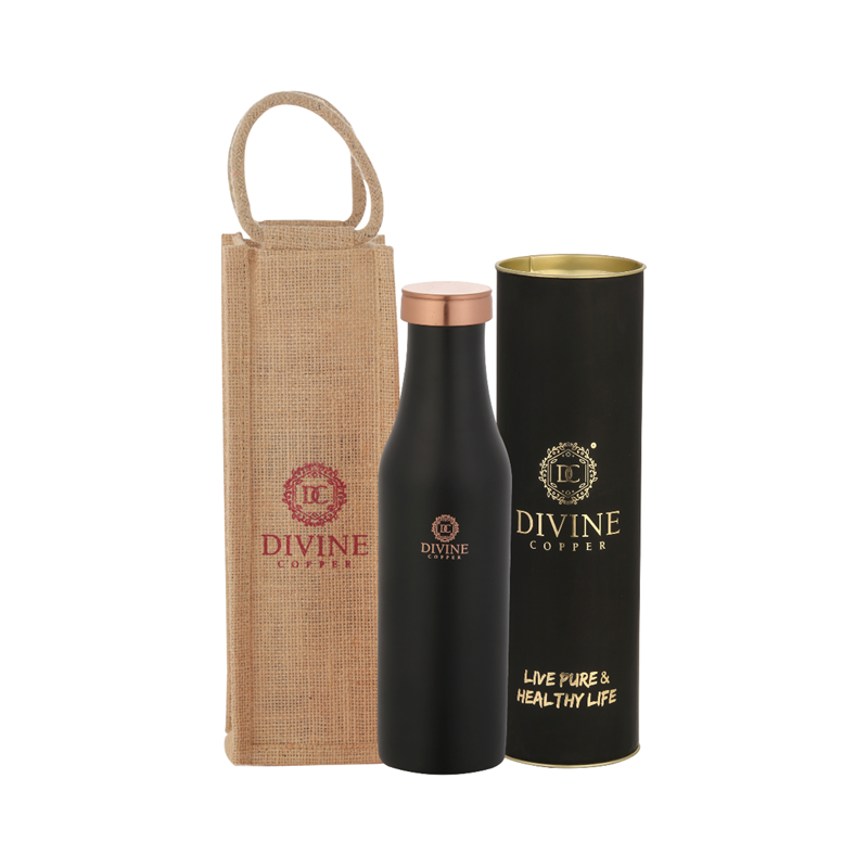 Divine Copper - BMC 950ml Black Color Pure Copper Bottle With Jute Carry Bag